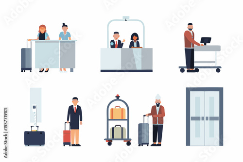 Hotel staff assisting guests with check in luggage and access