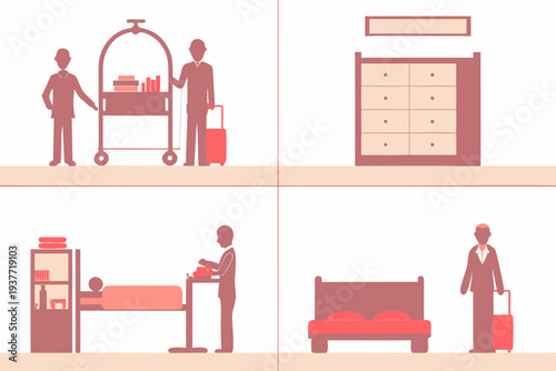 Hotel services and amenities illustrated in a four panel graphic design
