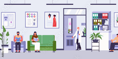 A brightly lit hospital waiting room with patients and medical staff