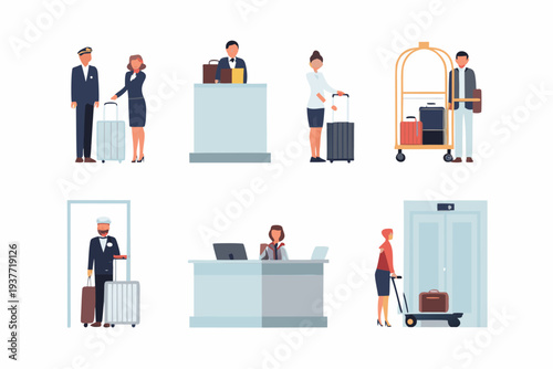 Hotel staff assisting guests with luggage and check in procedures