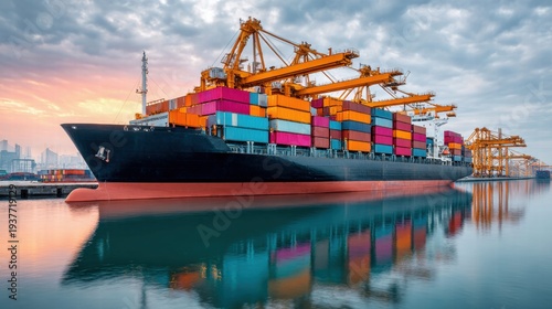Cargo ship loaded with containers at the harbor during sunset.