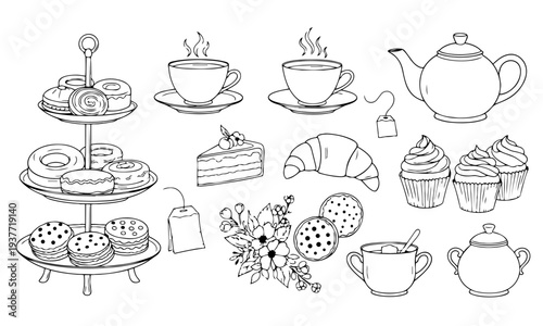 Afternoon Tea Party Doodle Set – Teapot, Teacups and Dessert Stand Hand Drawn Vector