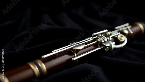 oboe. An elegant oboe with silver keys resting on dark velvet fabric. event programs, museum guides, designed for cultural heritage projects and event programs, supports education.