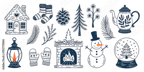 Winter Holiday Collection Featuring Gingerbread House Snowman and Cozy Fireplace