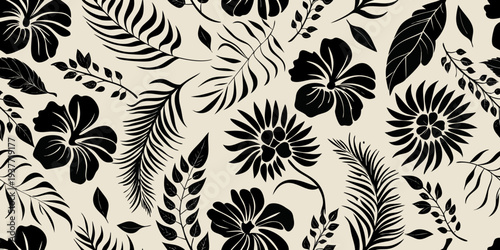 Black floral pattern with tropical leaves on a beige background