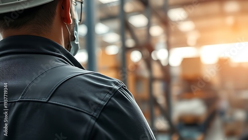 bluecollar. Warehouse worker focused on task, with industrial setting softly blurred in background. safety posters.