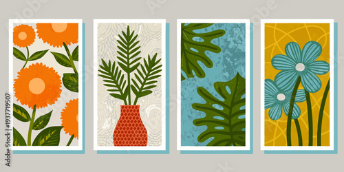 Four botanical art prints with stylized flowers and foliage designs