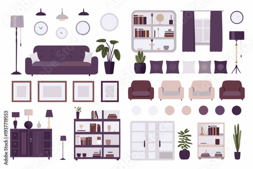 Collection of illustrated home interior elements in muted purple tones