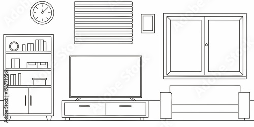 Minimalist line drawing of a living room interior with furniture