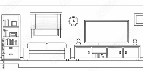Minimalist living room interior with furniture sketched in black lines