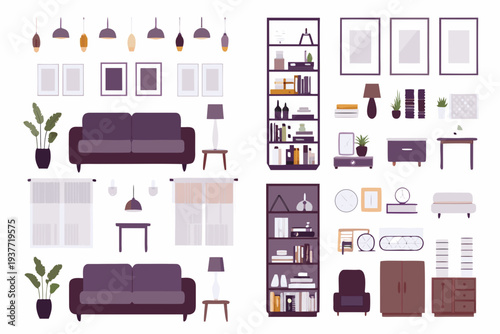 Interior design elements furniture lighting and decorative wall art collection