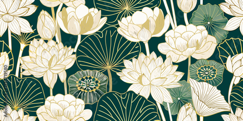 Elegant floral pattern featuring golden lotus flowers and deep green leaves