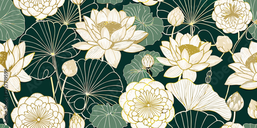 Elegant floral pattern featuring golden line art lotus blossoms on dark teal