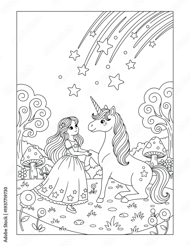 Obraz premium Unicorn coloring page with princess watching magical shooting stars