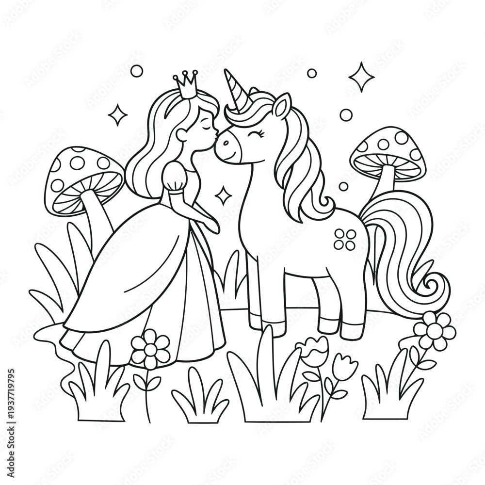 Obraz premium Unicorn coloring page with princess sharing magical kiss