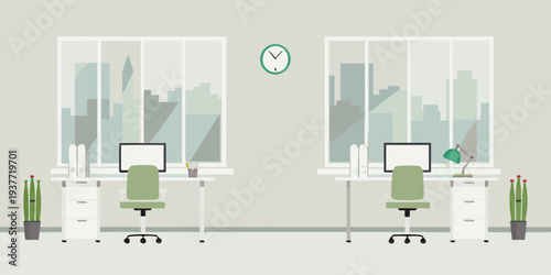 Minimalist office space with two desks facing a cityscape view