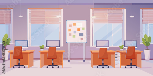 Modern office workspace with computers desks and a brainstorming board