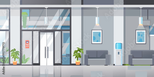 Modern office lobby with minimalist design and large window views