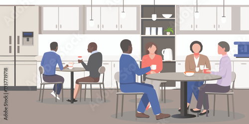 People gathered around tables in a modern office kitchen area