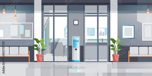 Modern hospital corridor with waiting area plants and water cooler