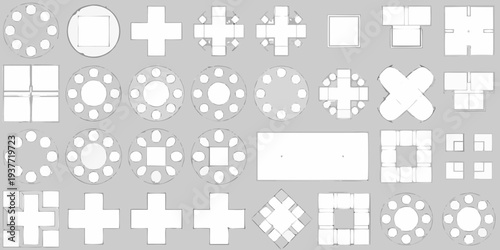 Arrangement of geometric shapes in grayscale displaying varied patterns