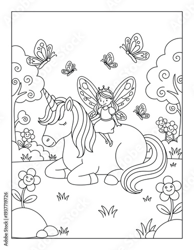 Unicorn coloring page with fairy princess riding magical pony
