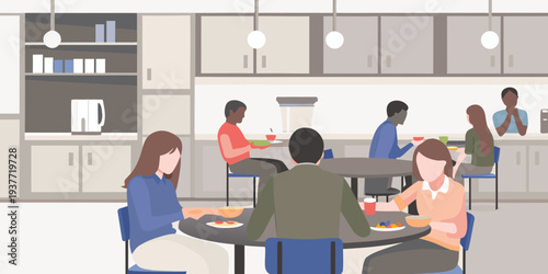 People enjoying a meal together in a modern office breakroom setting