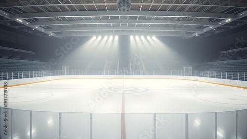 rink. Empty ice rink with clean white surface and subtle overhead lighting. event key visuals, club posters, designed for fitness apps and gym onboarding, used by fitness trainers.