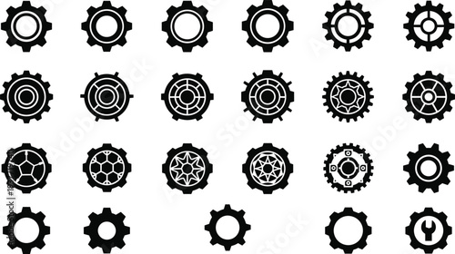 Vector Icon Set of Industrial Gear Wheels and Cogwheels Featuring Mechanical Engineering Symbols Machine Parts Technical Hardware Elements and Cog Silhouette Graphics for Process Management Design