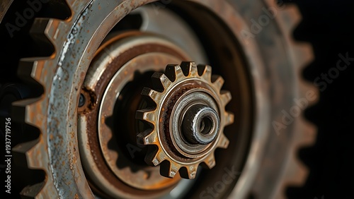 susceptibility. A rusted mechanical gear assembly with one jammed gear, metallic textures, industrial aesthetic. safety posters.