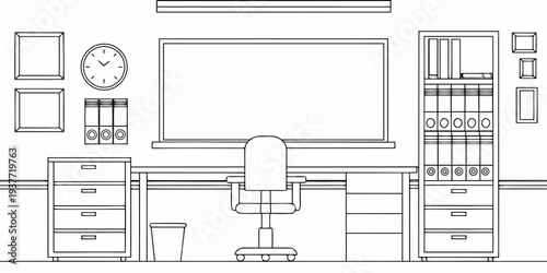 Simple line drawing of a classroom or office space with desk and equipment