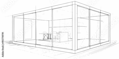 A minimalist architectural sketch of a glass walled office space