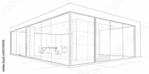 Architectural sketch of a modern glass corner office space interior
