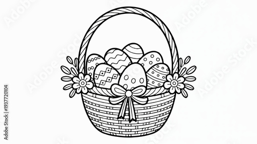 Easter eggs in a wicker basket with flowers decorated eggs springtime holiday celebration gift basketry floral eggshell bow ribbon festive isolated black