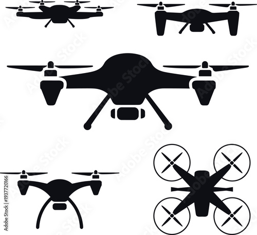 Drone quadcopter silhouette collection with aerial camera UAV technology icons set isolated, modern flying drone devices for photography, surveillance, delivery and aerial videography