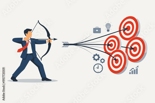 Successful businessman shooting a single arrow that splits to hit multiple bullseye targets, representing business efficiency, multitasking, strategic planning, and achieving various goals.