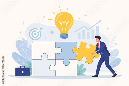 Businessman completing a jigsaw puzzle with a glowing light bulb, representing creative problem solving, business innovation, strategic planning, and achieving success through smart solutions.