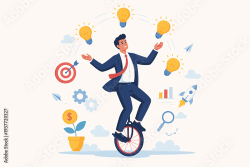 Skillful Businessman Riding Unicycle and Juggling Glowing Light Bulbs for Innovation and Creativity. Concept of Multitasking, Business Success, Balance, and Generating New Ideas in Vector Style.
