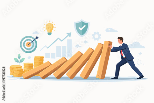 Businessman Stopping Falling Dominoes to Prevent Crisis and Protect Investment, Risk Management and Financial Stability Concept with Growth Chart, Target, and Money for Business Success