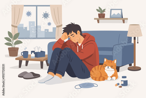 Man Feeling Exhausted and Stressed During COVID-19 Quarantine Lockdown, Pandemic Fatigue and Mental Health Issues from Social Isolation, Sad Person Sitting on Floor with Cat and Medicine at Home.