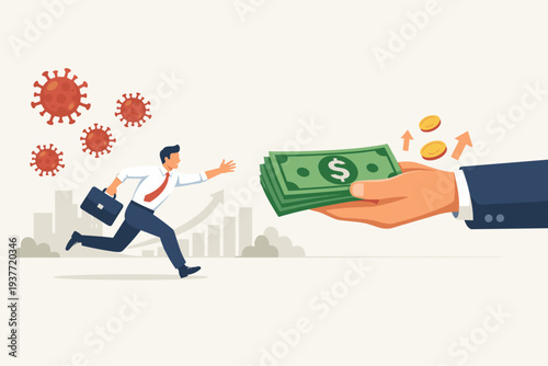Businessman running from coronavirus cells towards a giant hand holding money, symbolizing government economic stimulus package, financial aid, pandemic relief policy, and business support.