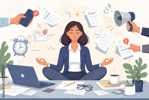 Businesswoman Meditating at Office Desk to Manage Stress and Distractions, Finding Calm Amidst Noise, Notifications, and Heavy Workload, Mindfulness and Mental Health Concept Vector Illustration