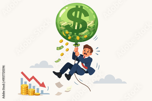 Businessman Hanging on a Money Balloon Representing a Financial Bubble and Economic Crisis with a Falling Stock Market Chart and Red Arrow Showing Recession, Inflation, and Investment Risk Concept.