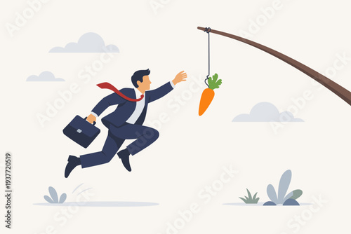Businessman in suit jumping to reach a dangling carrot on a stick. Concept of motivation, incentive, reward, and manipulation in business. Employee chasing an unreachable goal or corporate prize.