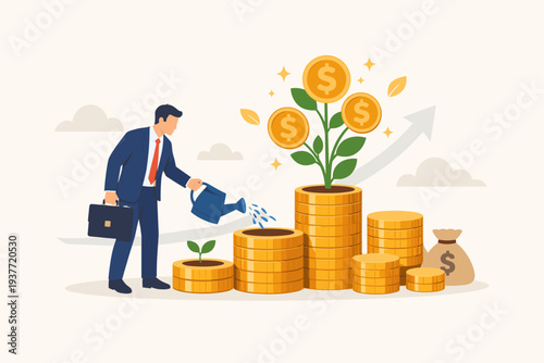 Businessman watering a money tree growing from stacks of gold coins, representing investment growth, wealth management, financial success, profit increase, and long-term savings strategy concept.