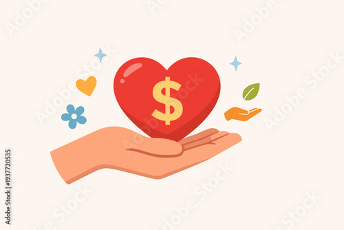 Nonprofit Charity Donation and Community Assistance Concept with Hand Holding a Red Heart with Dollar Sign Symbol for Philanthropy, Volunteer Care, Financial Aid, and Social Responsibility Support.