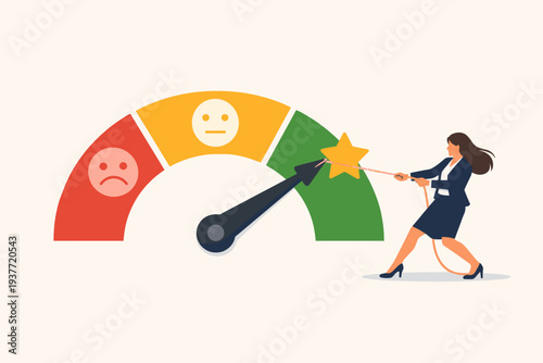Businesswoman pulling rope to move needle on performance rating gauge towards high satisfaction star. Concept of customer feedback, credit score improvement, and quality control measurement.