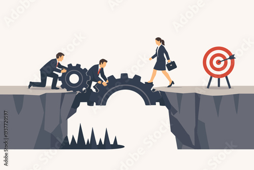 Business team building a gear bridge to overcome a gap and reach a target. Concept of risk management, teamwork, collaboration, and problem solving to achieve success and business goals.