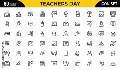 Teachers Day Line Icon Set – School, Online Class, Book, Chalkboard and Education Outline Icons Collection, Editable Stroke Vector Illustration