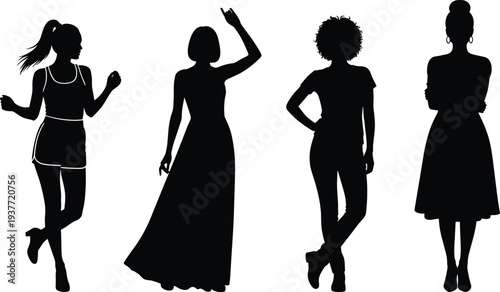 Fashion silhouettes diverse clothing styles, casual sporty outfit, elegant dress, vintage formal wear, hairstyle variety, posture expression, artistic illustration